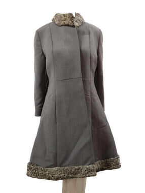Vintage 60s Gray Heavy Coat A-line Mod Evening Wear Fur Collar & Poodle Border